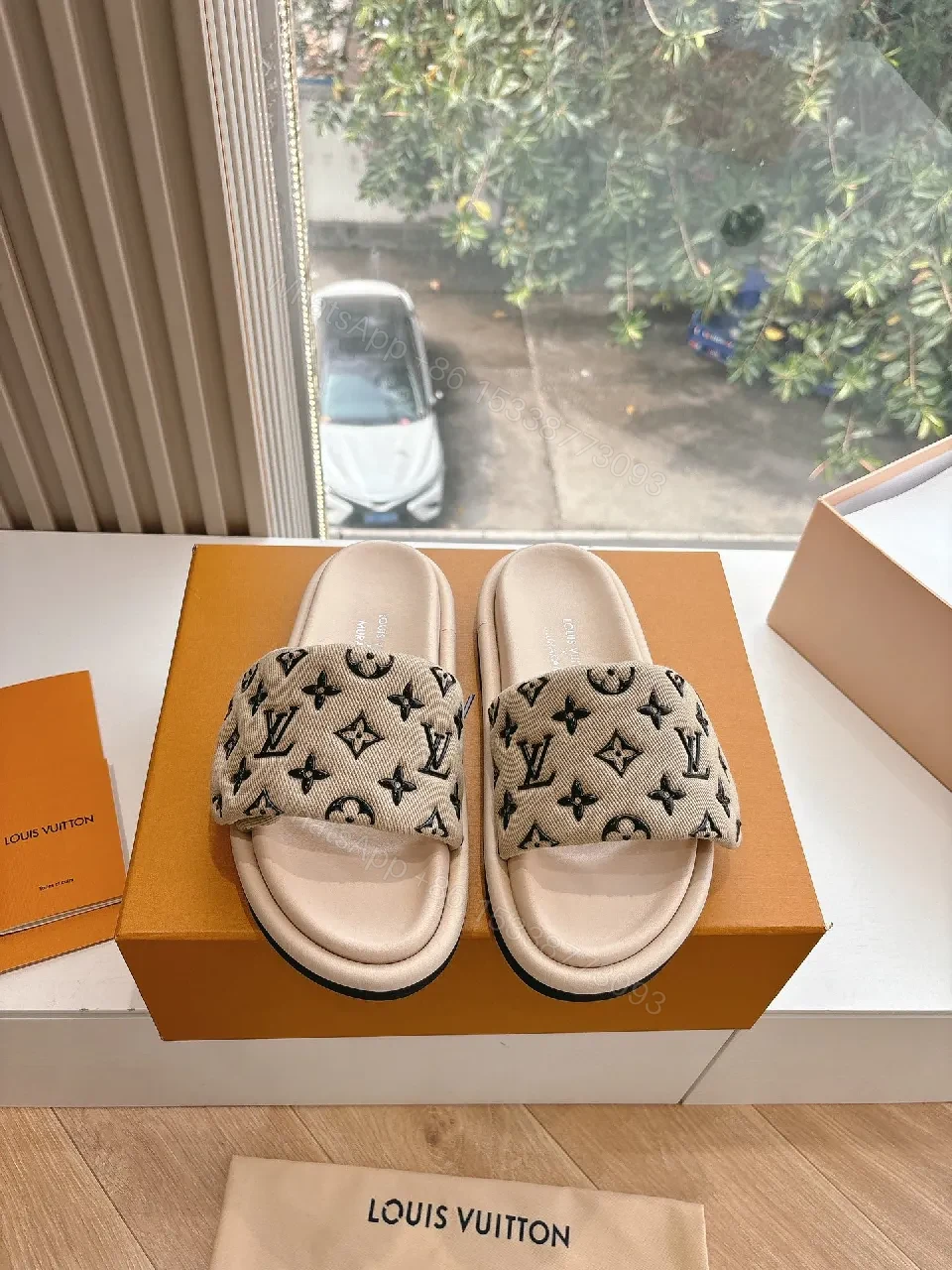 View 2 of Beige Monogram Sandals: Luxury Comfort Slip-Ons