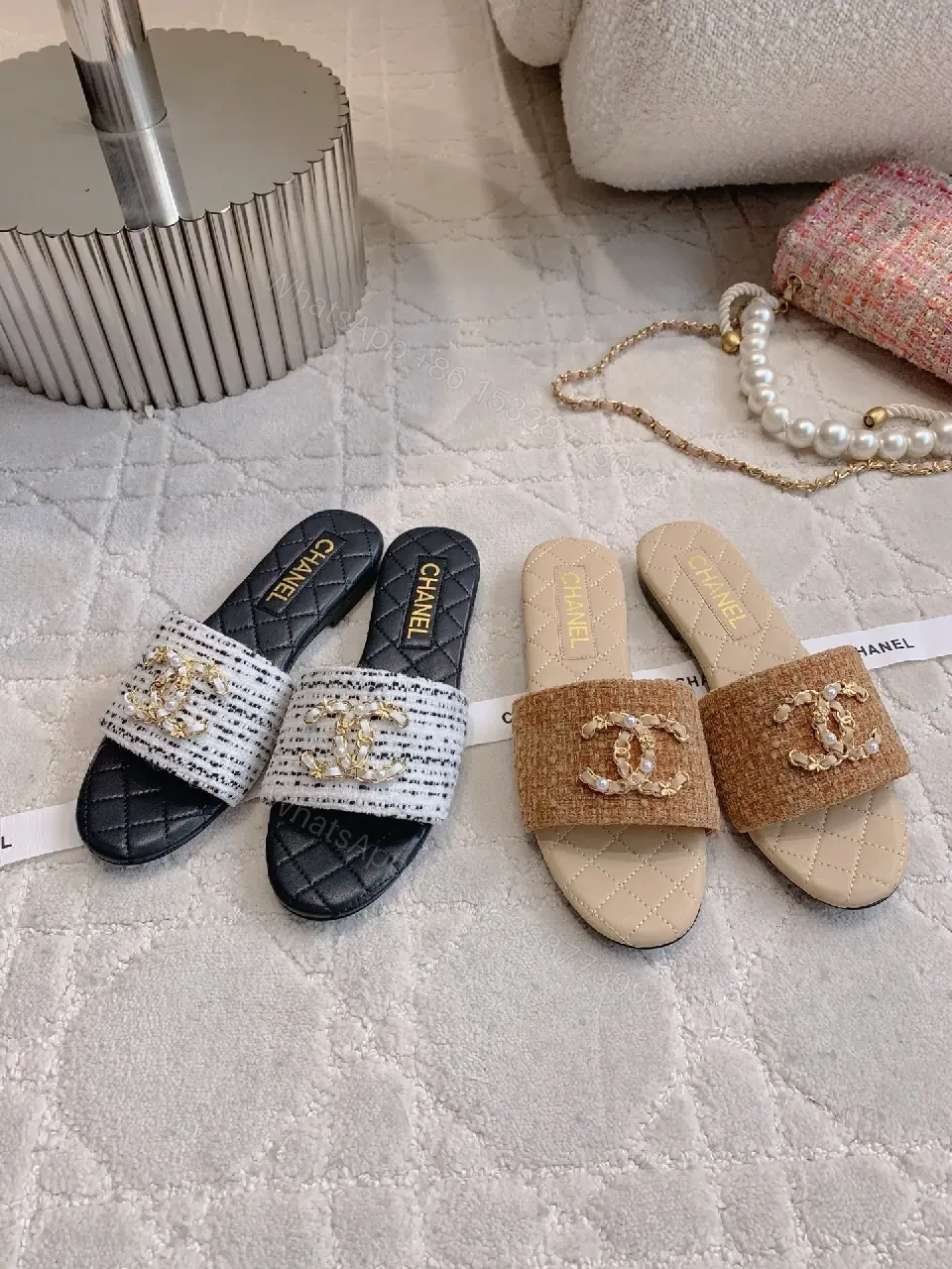 Quilted Slides with Crystal Emblem - Luxe Everyday Comfort — view 1