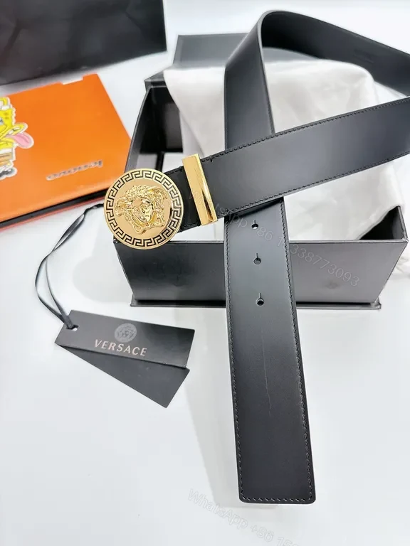 View 4 of Bold Black Leather Belt with Medusa Buckleâ€”Versace Luxury Belt