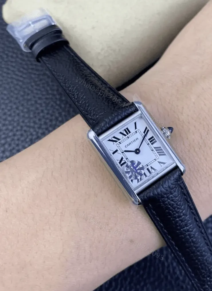 View 2 of Cartier Tank Replica Watch Black Leather Strap