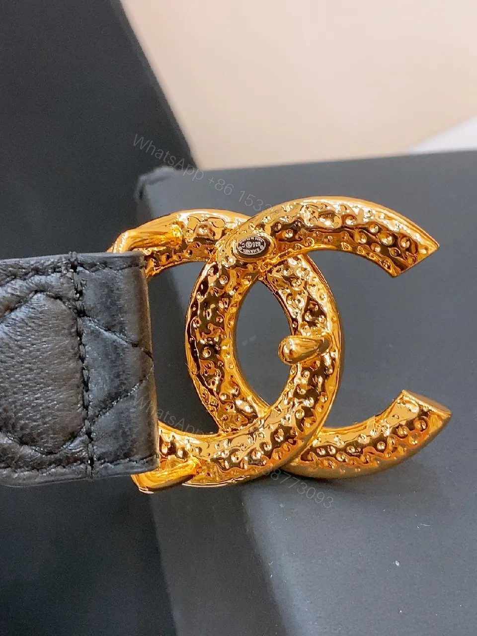 View 6 of Black Quilted Leather Belt with Gold Double-C Logo Buckle