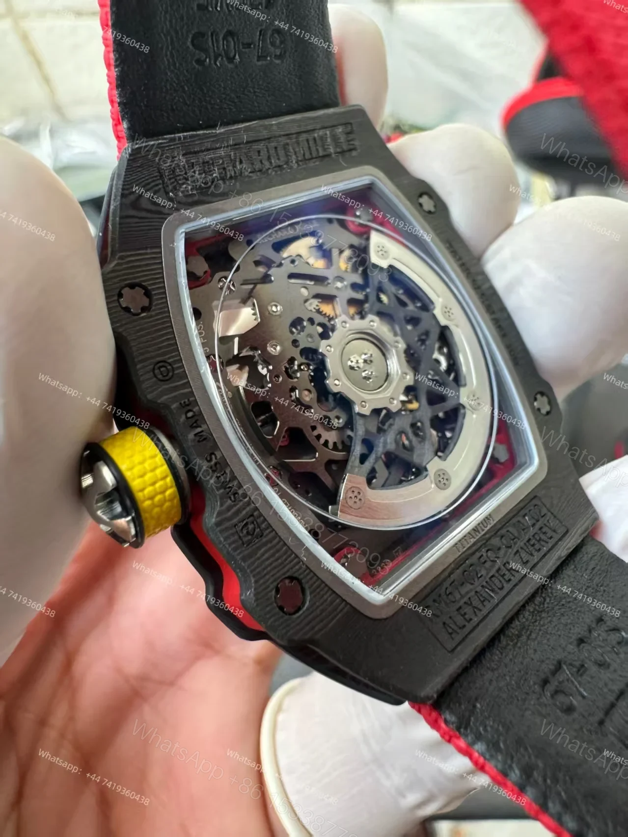 View 11 of Super Clone Richard Mille RM67-02 Carbon TPT Skeleton Tourbillon 1:1 Replica Watch with Red Strap