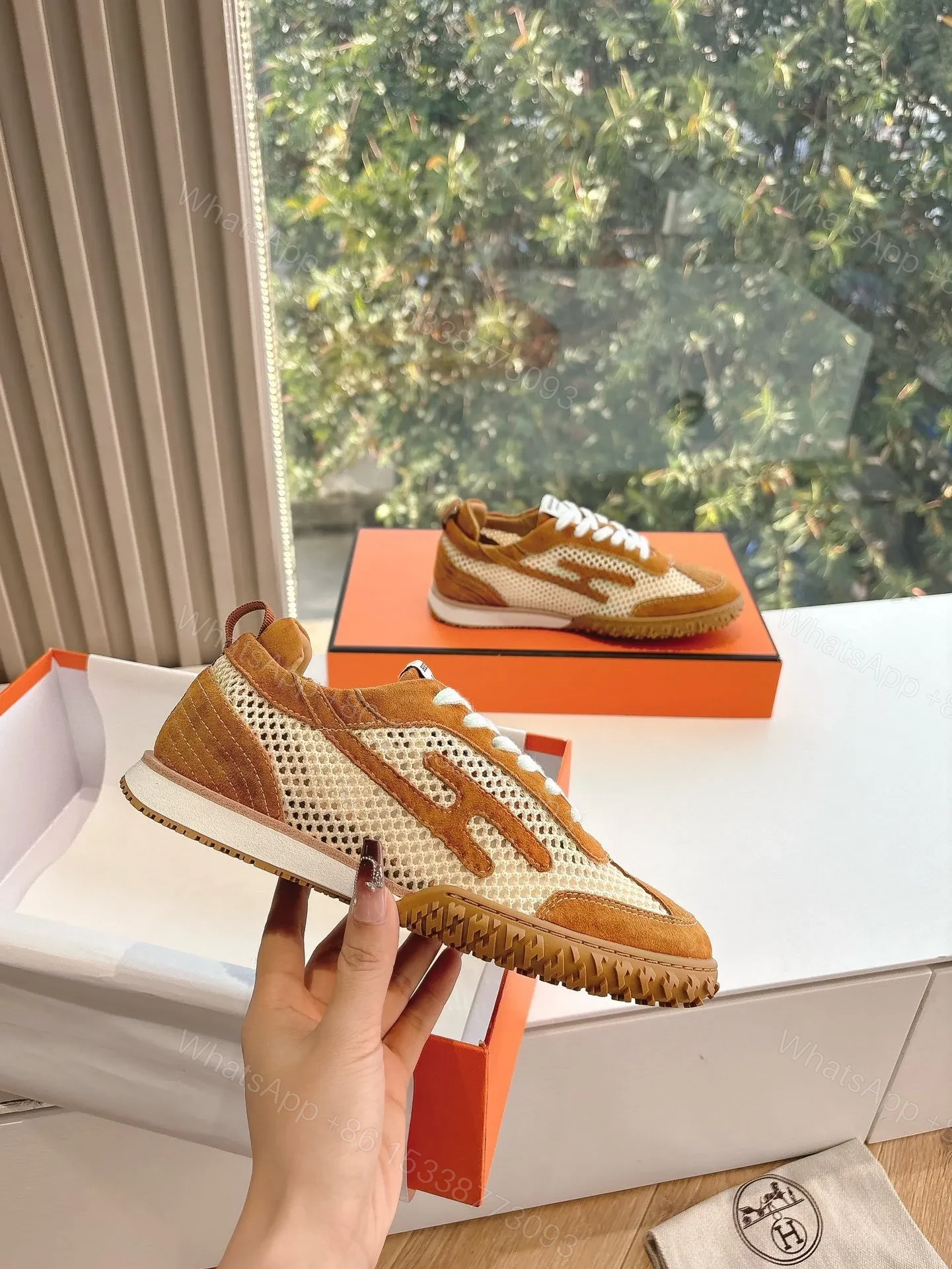 View 5 of Hermes Women Brown Mesh Suede Sneakers