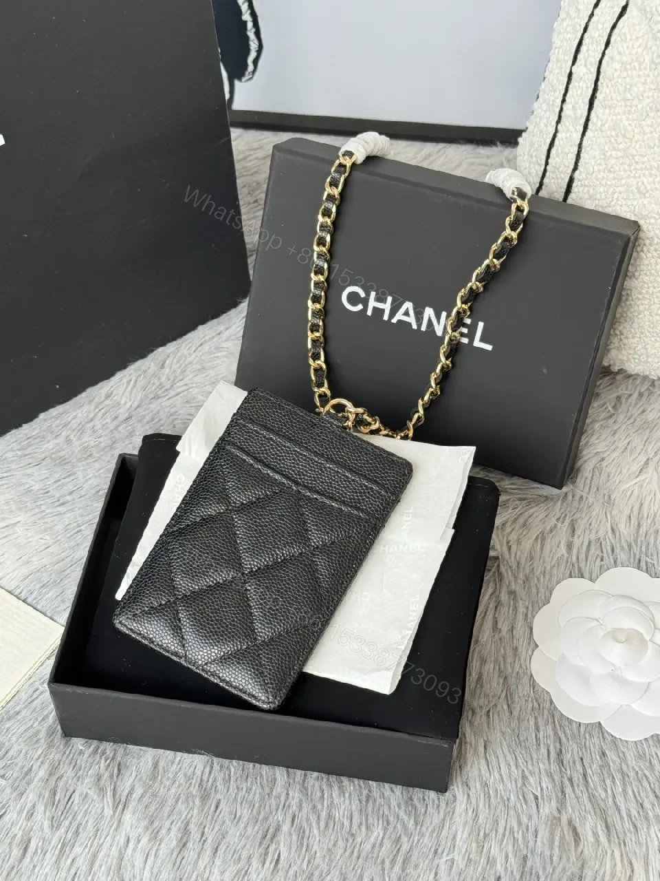 View 2 of Textured Quilted Cardholder with Chain Detail - Compact Luxury