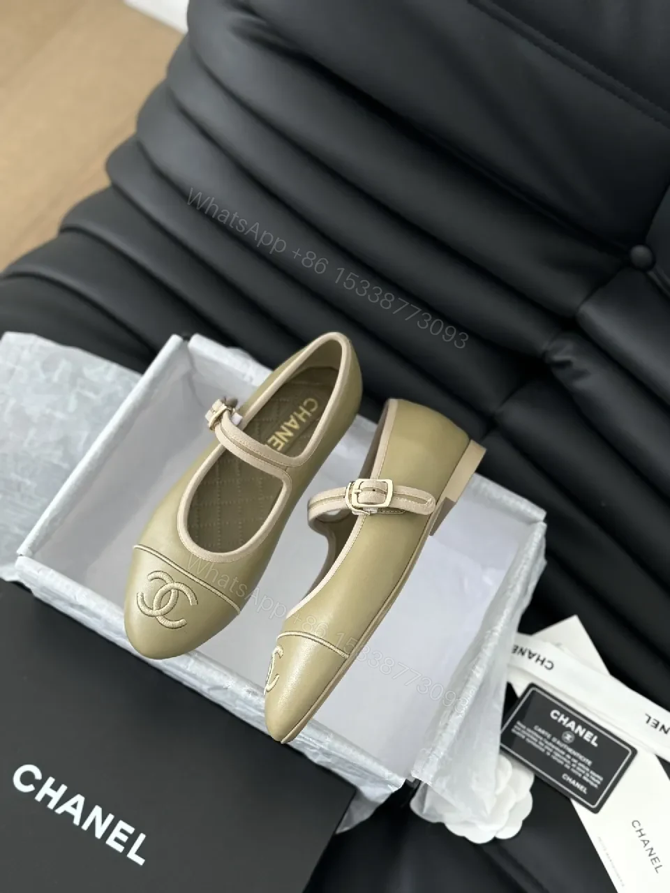 View 6 of Taupe Leather-Look Mary Jane Flats with Cushioned Insole