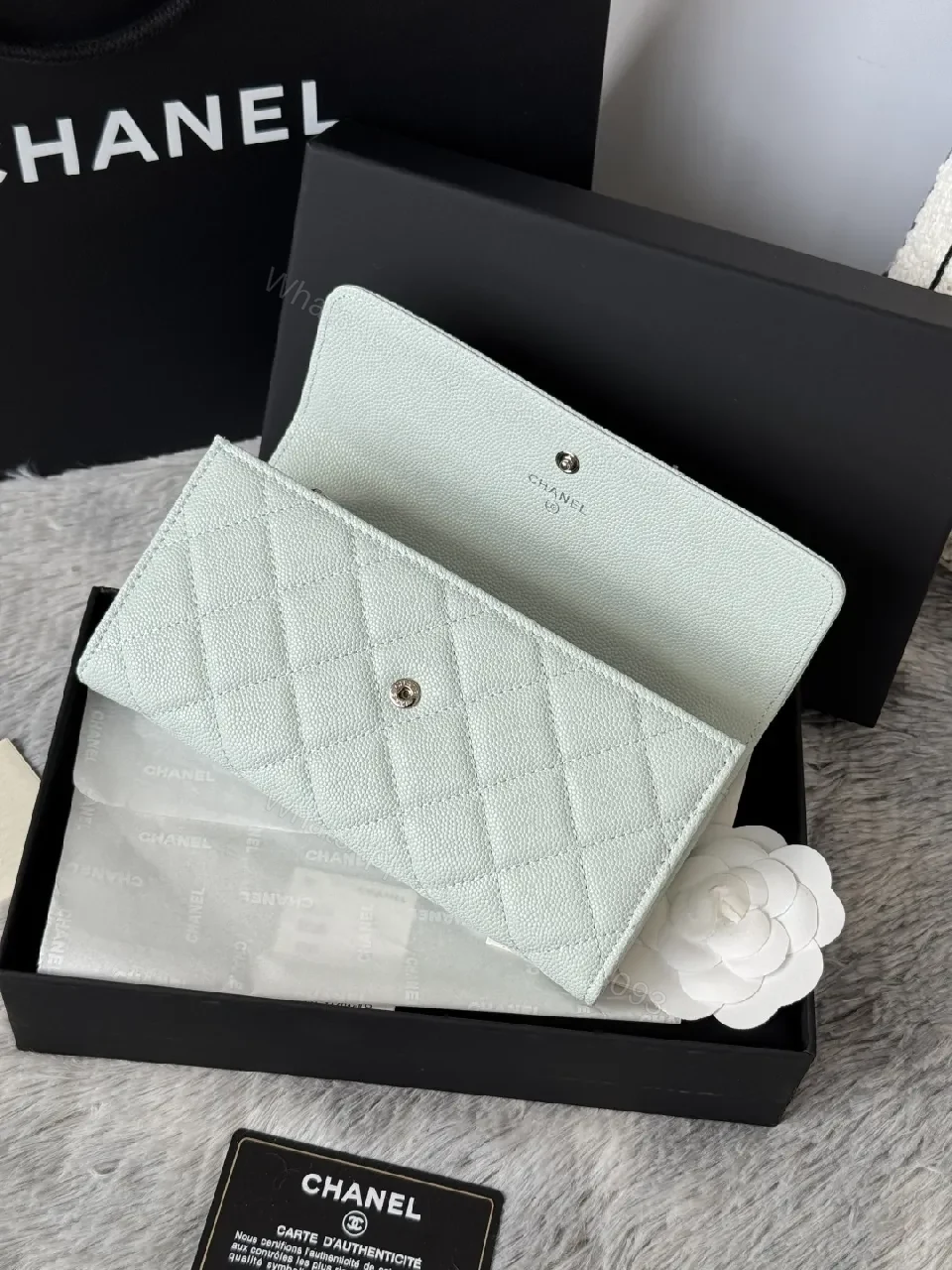 View 4 of Mint Caviar Leather Wallet: Quilted, Bi-Fold, Subtle Shine