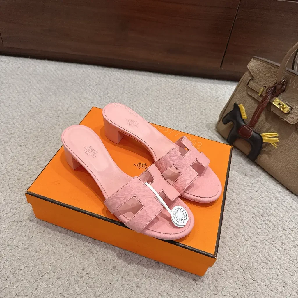View 7 of Pink Leather H-Style Slide Sandals, Hermès-Inspired, Classic Platform Slide
