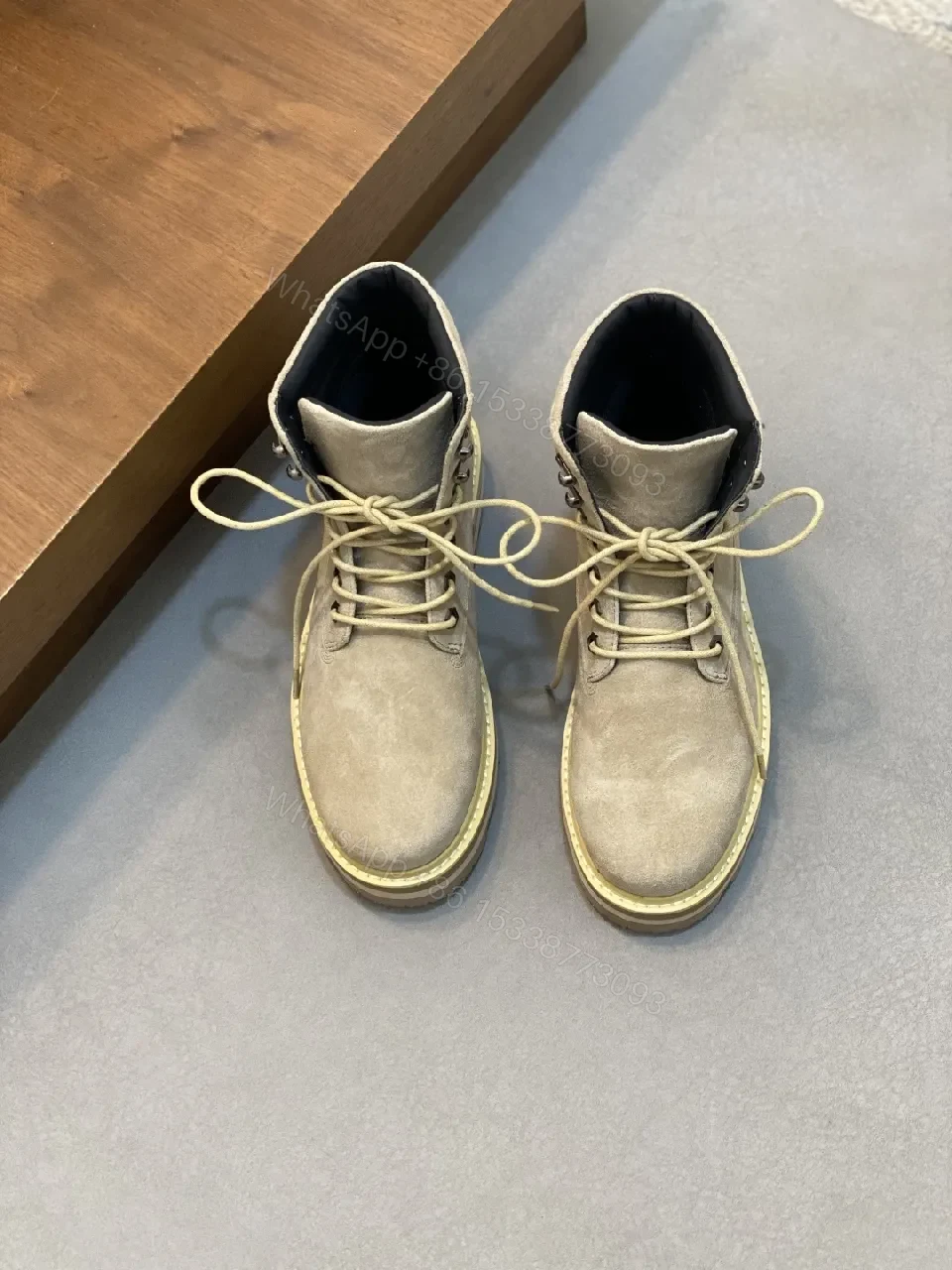 View 2 of Beige Suede High-Top Boots with Rugged Sole - Modern Comfort