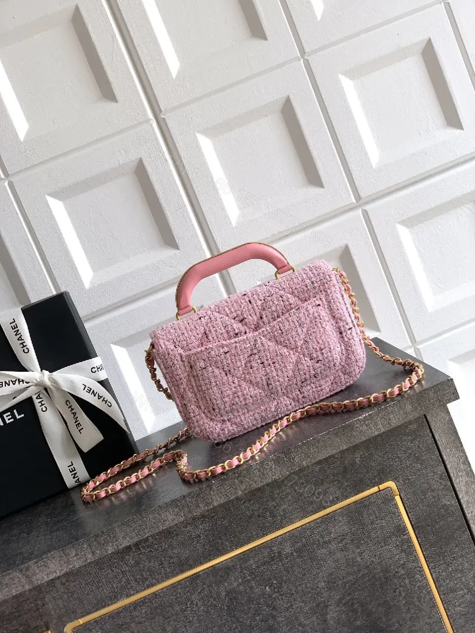 View 5 of Pink Bouclé Mini Bag with Twist Lock Crossbody