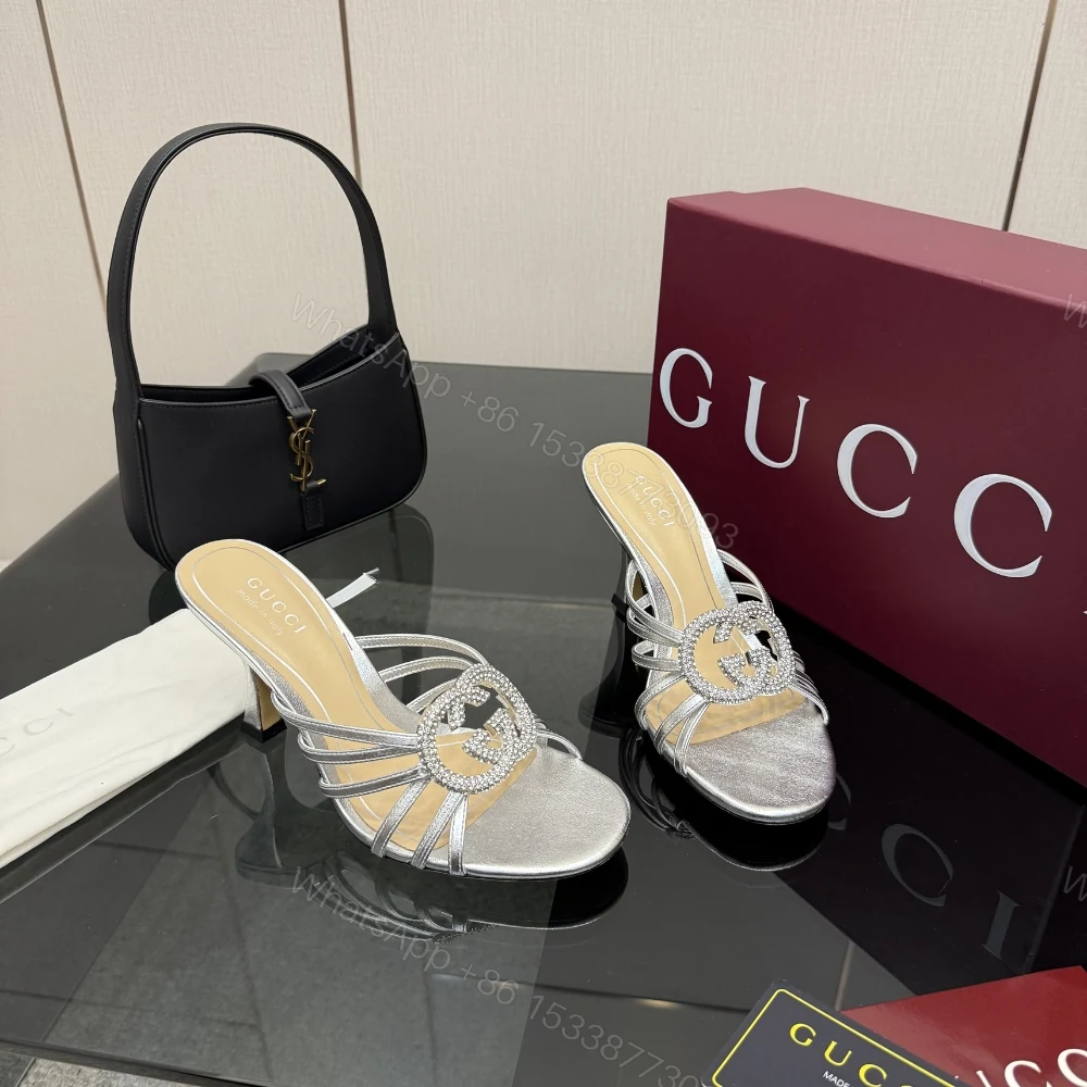 View 4 of Gucci Women Slide Sandal With Crystal Interlocking G Silver