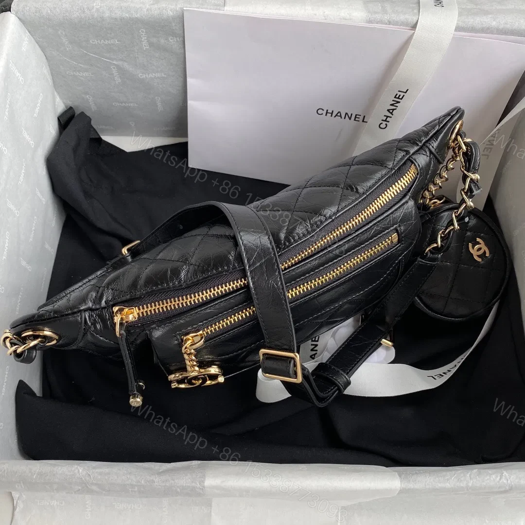 View 4 of Chanel Bumbag Black Wrinkled Leather Lock Gold Handbags 34x15x6cm