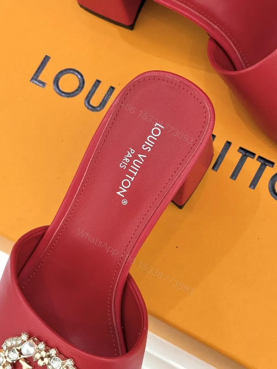 View 2 of Red Satin Luxe Slides with Crystal Buckle - Open-Toe 2-Inch Heel