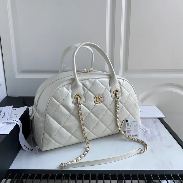 View 3 of White Quilted Weekend Bag: Gold Chain, CC-Inspired Luxury
