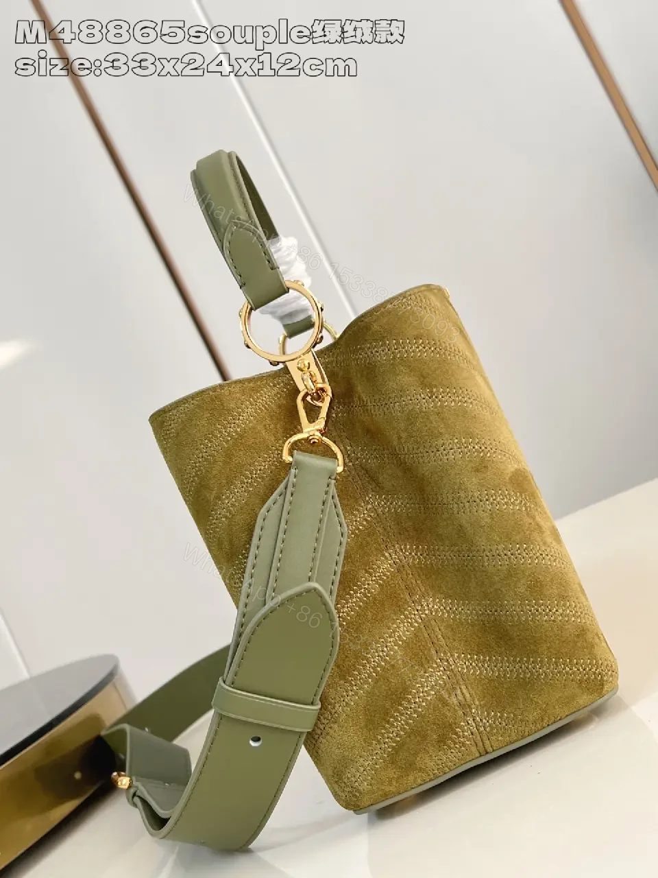 View 6 of Olive Suede Structured Handbag with Gold Accent