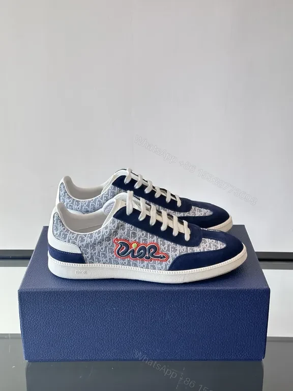 View 7 of Navy Dior Monogram Leather-Suede Low-Top Sneakers
