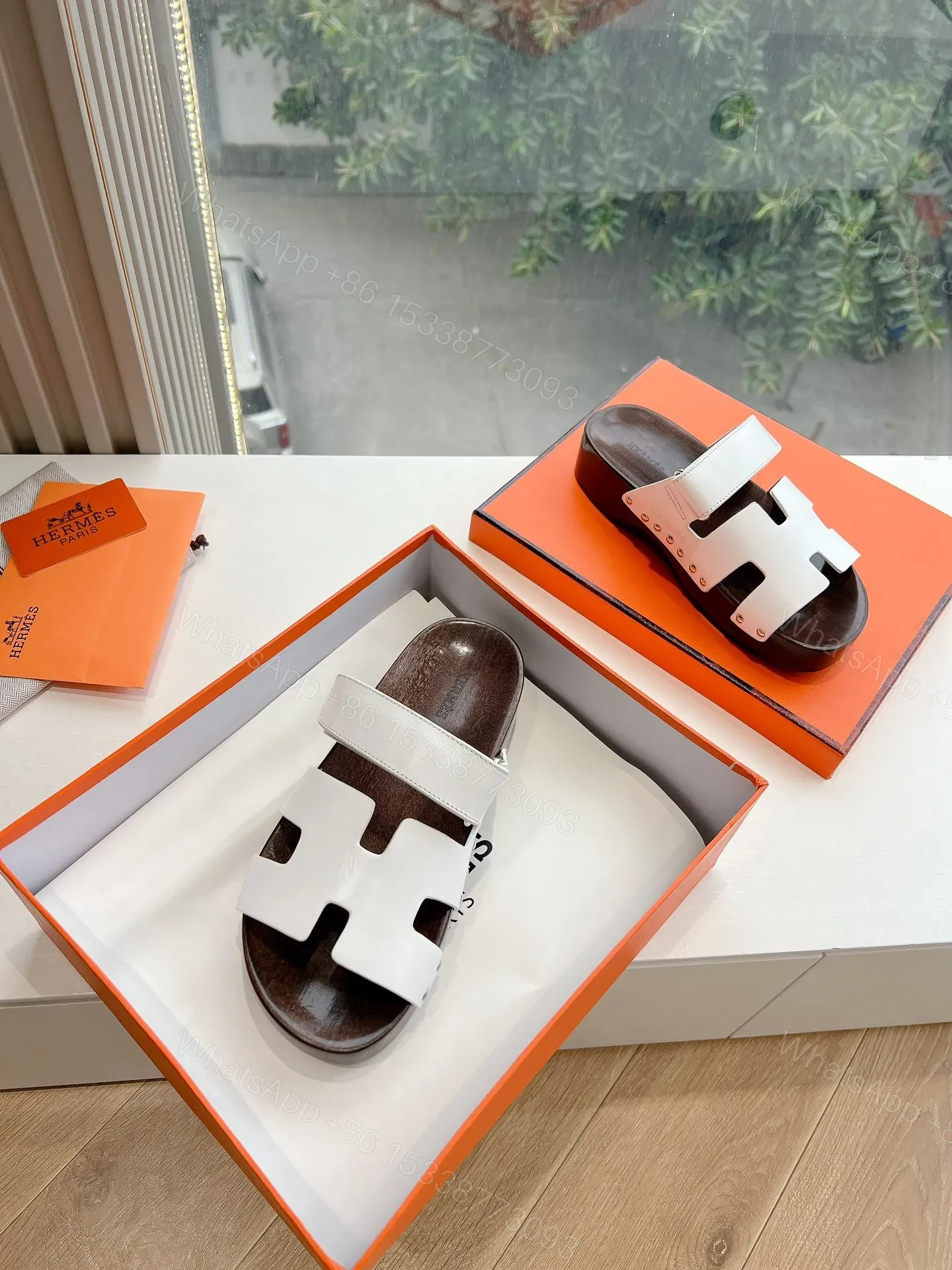 View 5 of Hermes Women White Leather Wood Insole Sandals