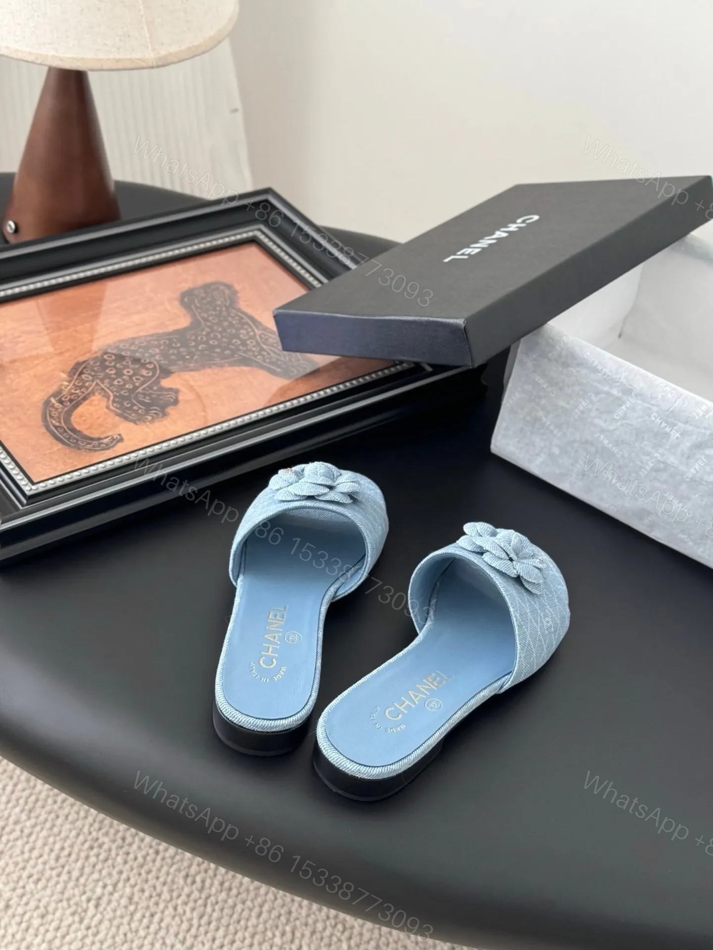 View 6 of Chanel Women Light Blue Fabric Slides