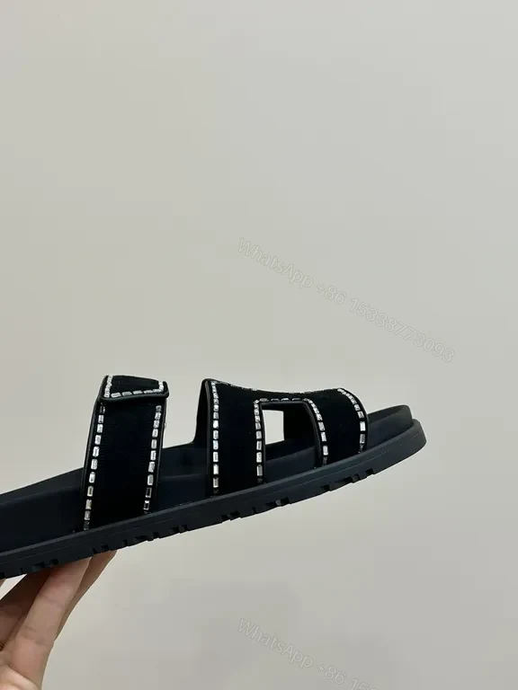 View 2 of Hermes-Inspired Black Slides with Geometric Stitch Detailing