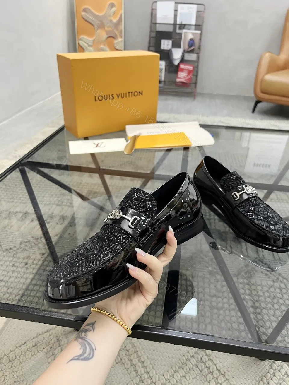 View 9 of Lux Black Patent Leather Loafers with Monogram Texture and Silv