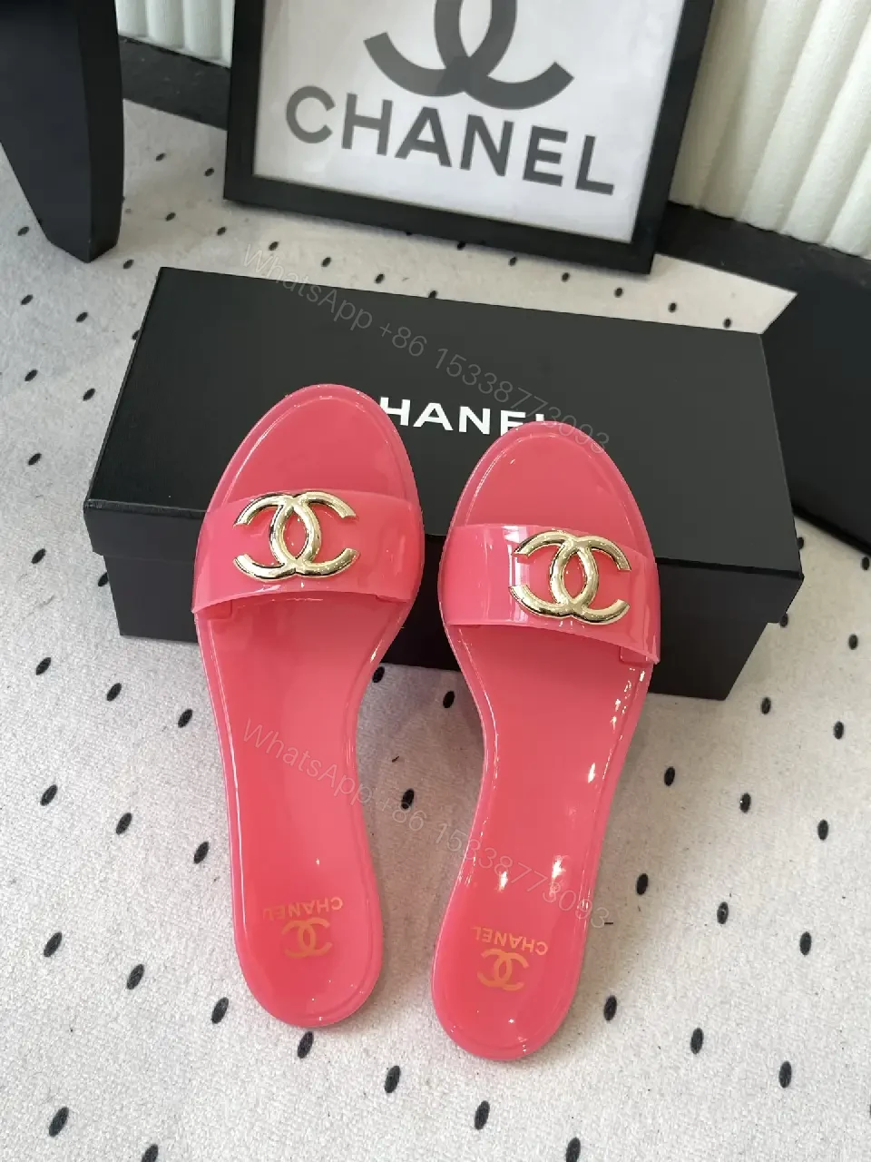 View 2 of Pink Plastic Slide Sandals Gold Logo Chanel Style Luxury Comfort Sandals