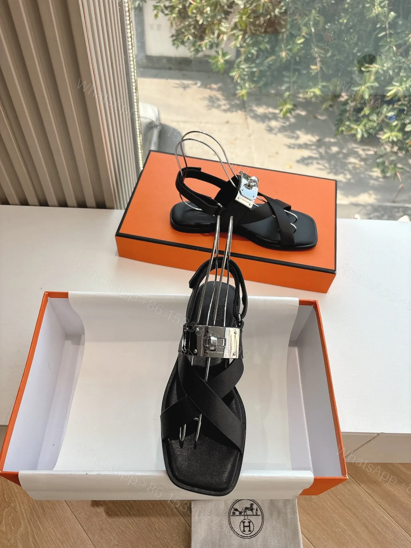 View 4 of Hermes Women Black Leather Strappy Sandals