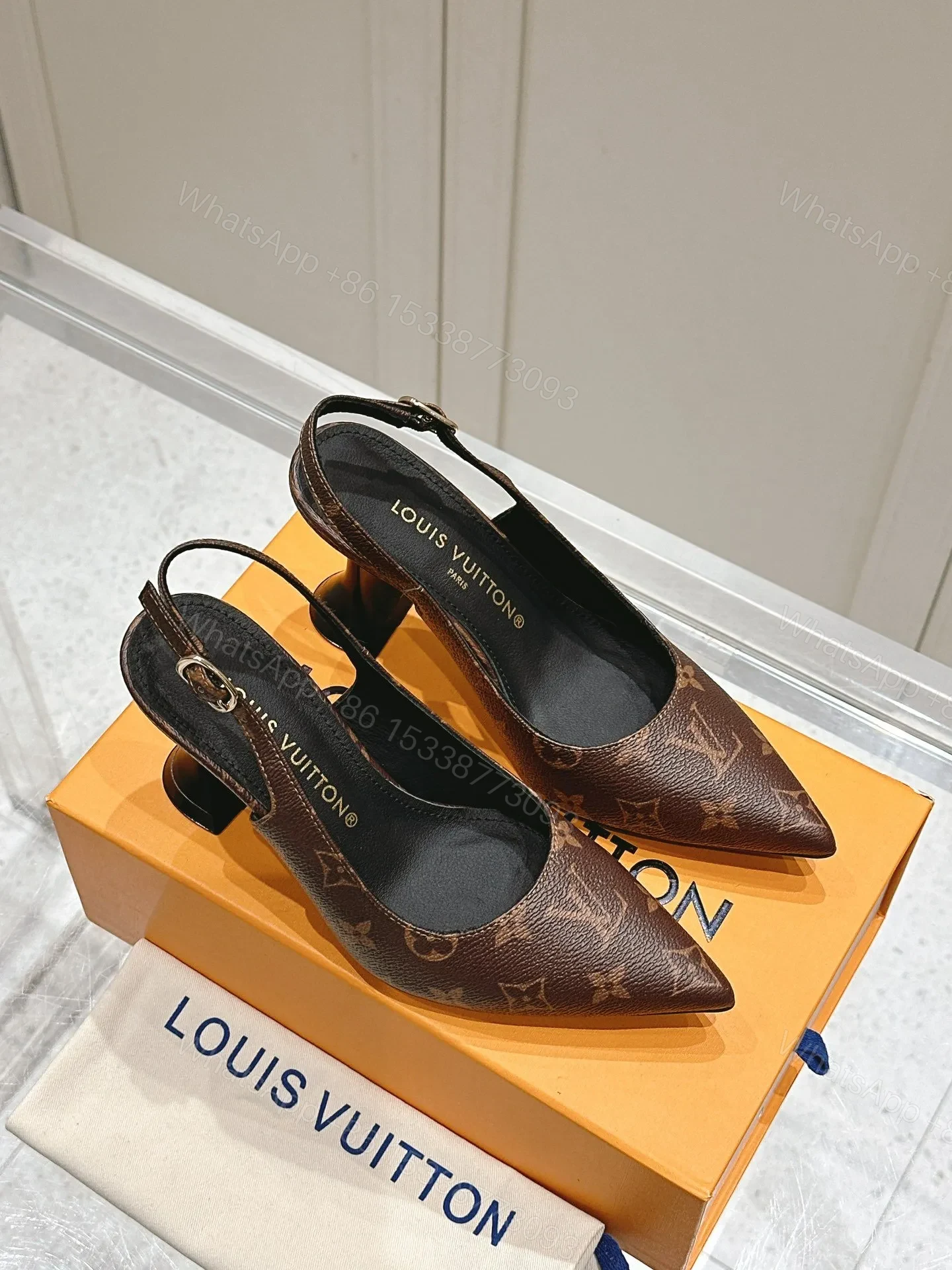 View 3 of LV Women Brown Leather Patterned Slingback Heels