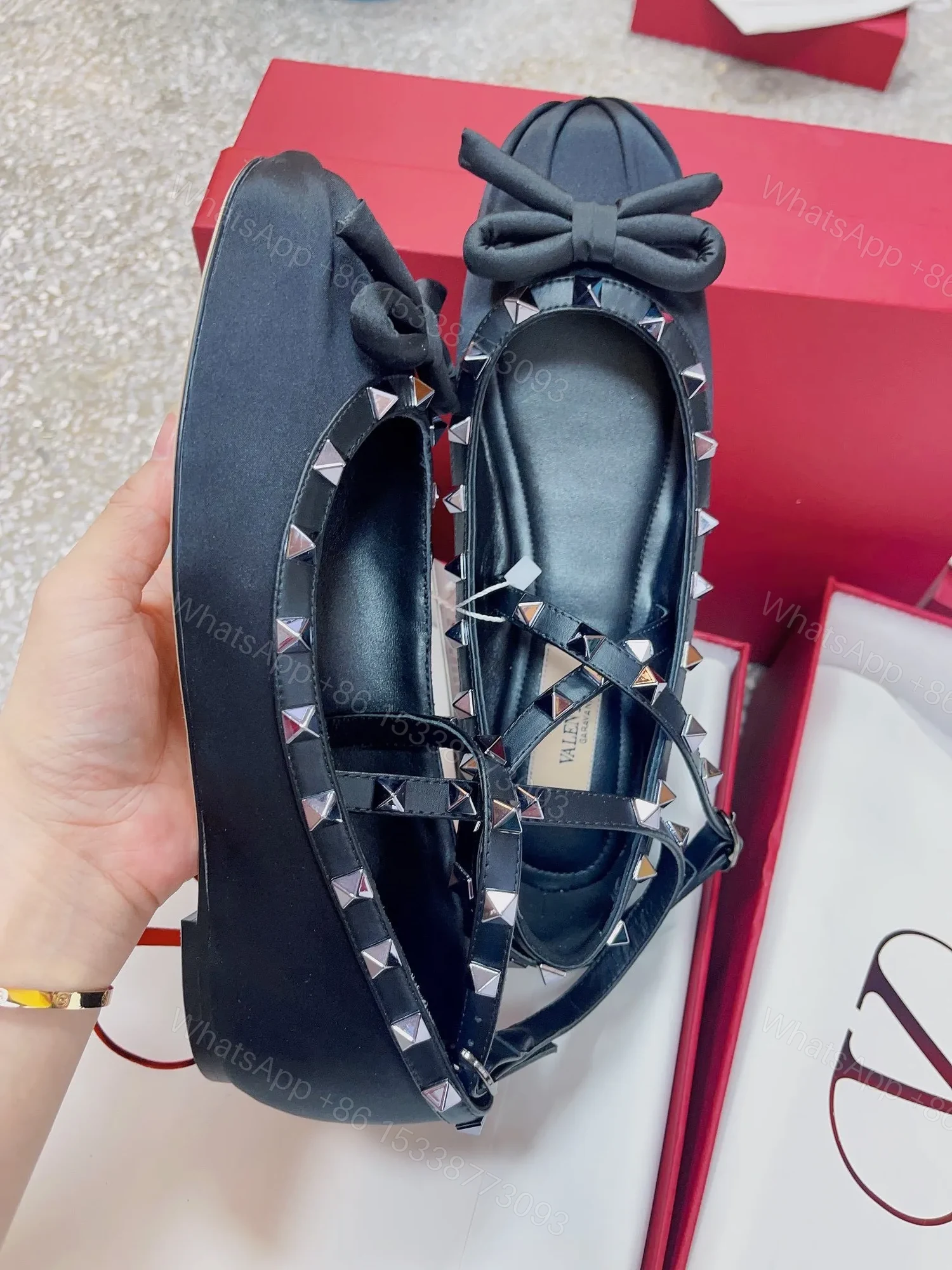View 4 of Valentino Women Black Satin Studded Flats