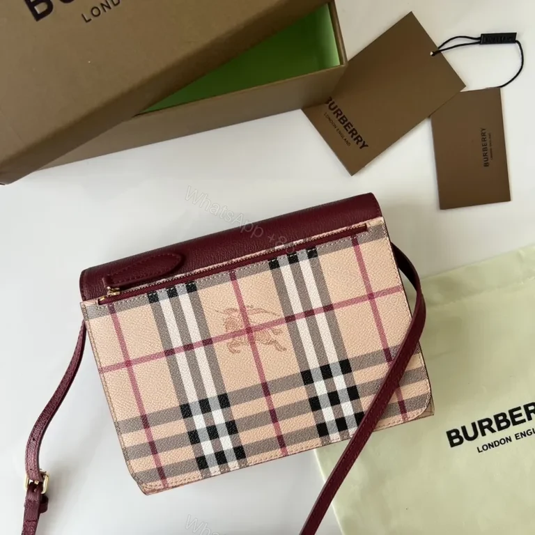 View 8 of Burberry Burgundy Leather Plaid Crossbody Bag with Gold Accent