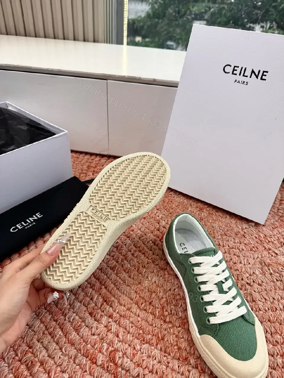 View 7 of Green Canvas Sneakers with Off-White Rubber Sole