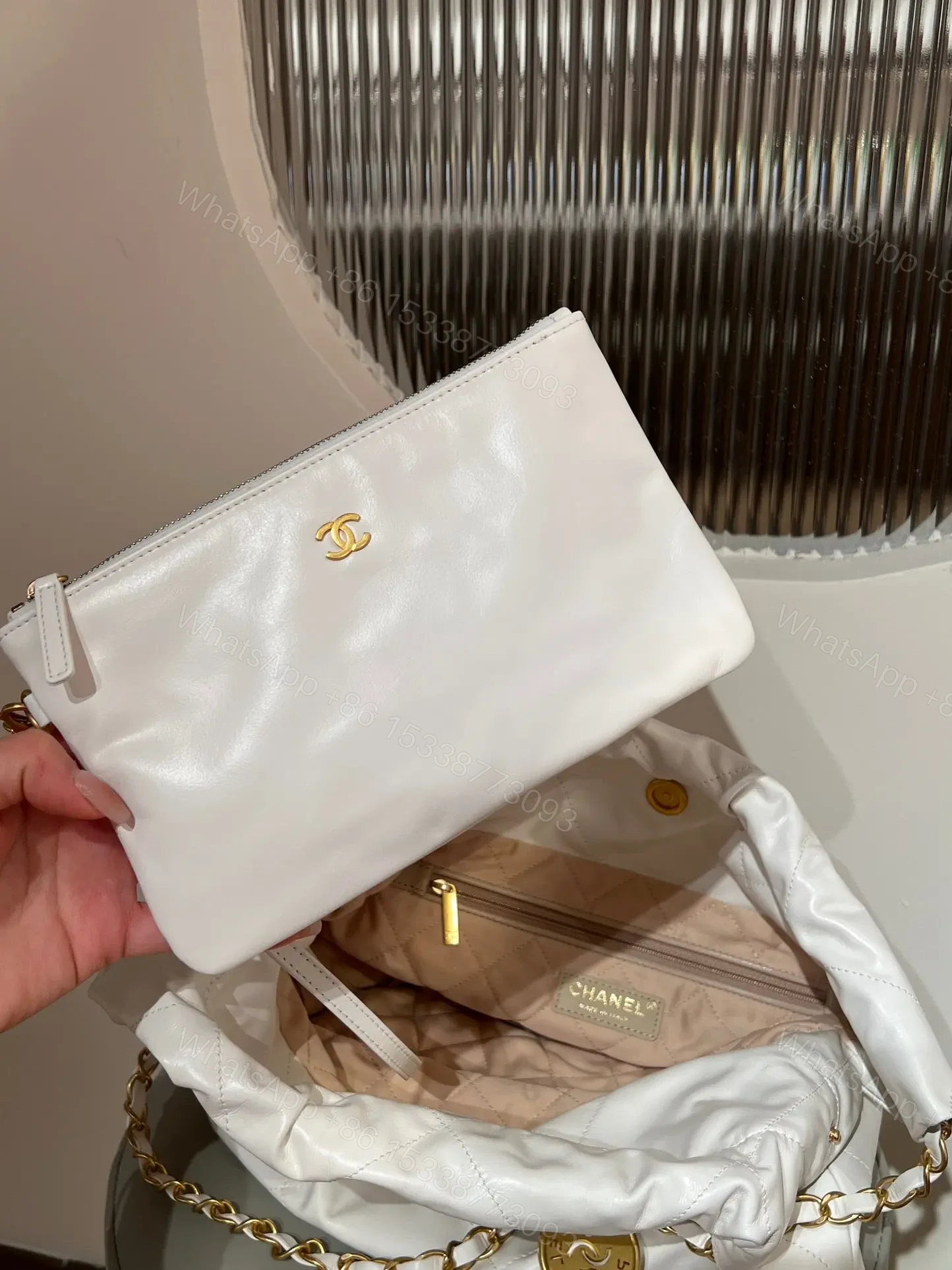 View 8 of CHANEL 22 Bag Small White Lambskin Leather
