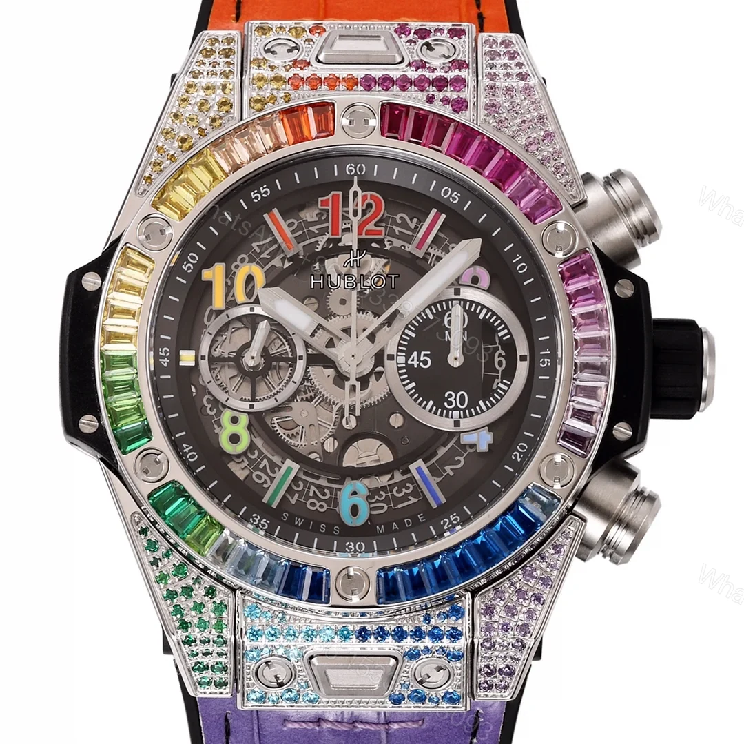 View 2 of Hublot Big Bang Rainbow Replica 45MM Premium Gem Bezel Orange Purple Leather Strap Edition RG-HUBLOT-RAINBOW-45
