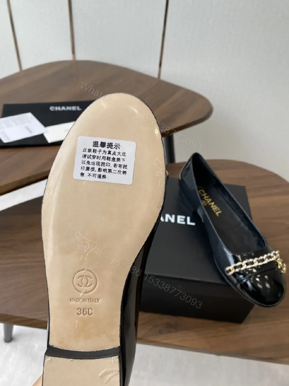 View 9 of Black Leather Ballet Flats with Gold Chain Hardware
