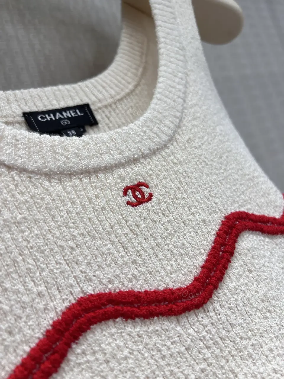 View 5 of White Knit Tank Top Red Wave Knit Sleeveless Chic Chanel-inspired Tank Top
