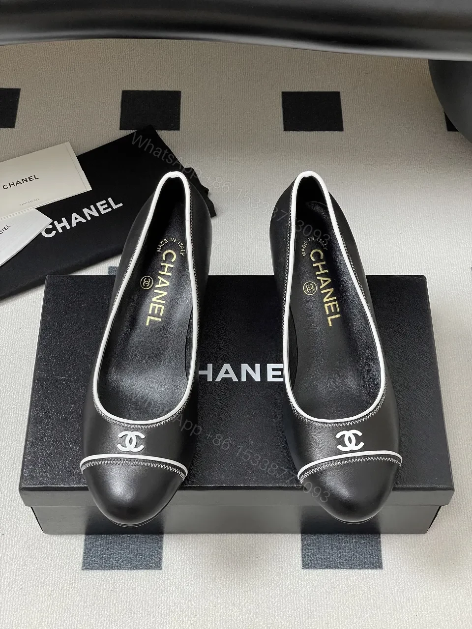 View 6 of Black Leather Kitten-Heel Pumps with Signature Detailing