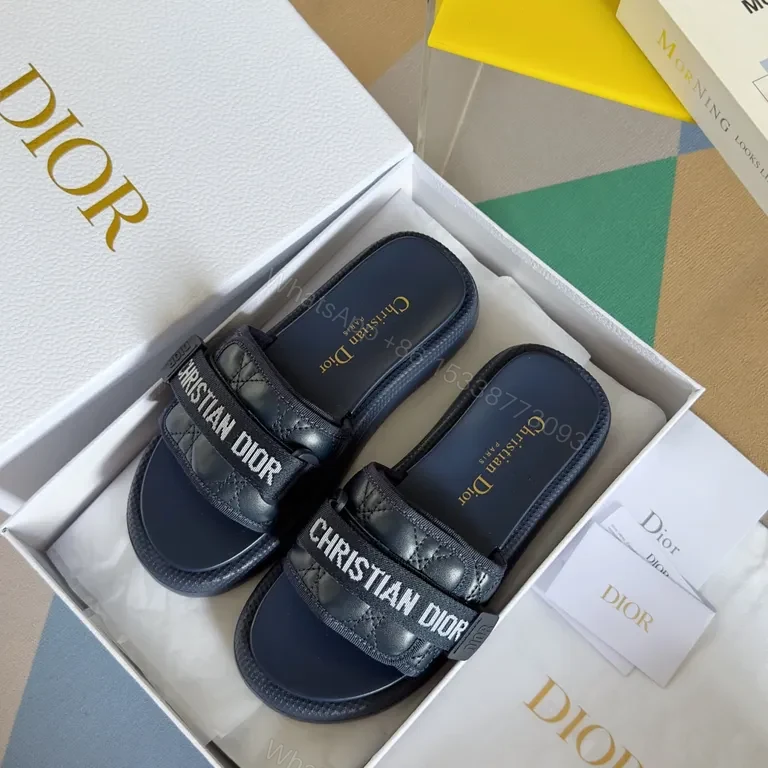 View 6 of Navy Quilted Brand-Accent Sandals | Luxe Streetwear Slides