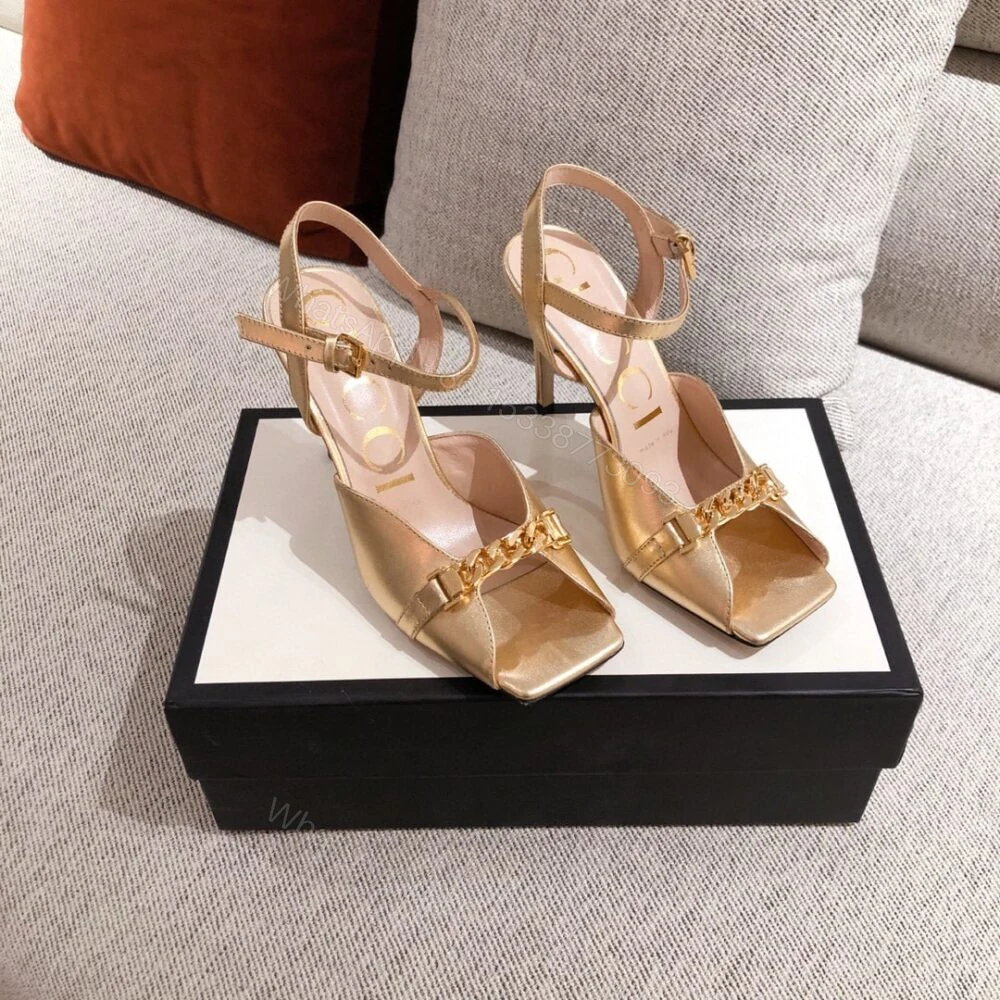 View 2 of Gucci Ankle Buckle Strap Sylvie Chain Sandals In Gold