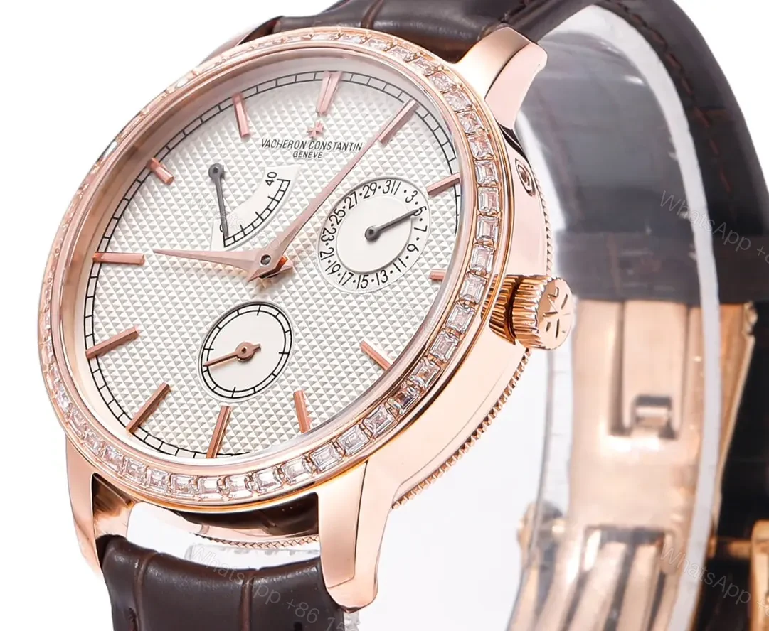 View 9 of GS Factory Vacheron Constantin Traditionnelle 83520/000R-9909 Rose Gold Mechanical Watch with Brown Leather Strap – Multi-Function with Power Reserve, Date, and Small Seconds