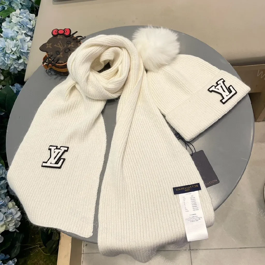 View 3 of White Knit Beanie & Scarf Set - Plush Warmth, Subtle Logo