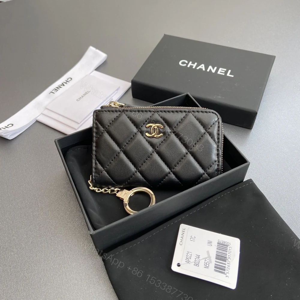 高仿Chanel*AP0222零錢包黑色小羊皮金扣免檢版 — view 1