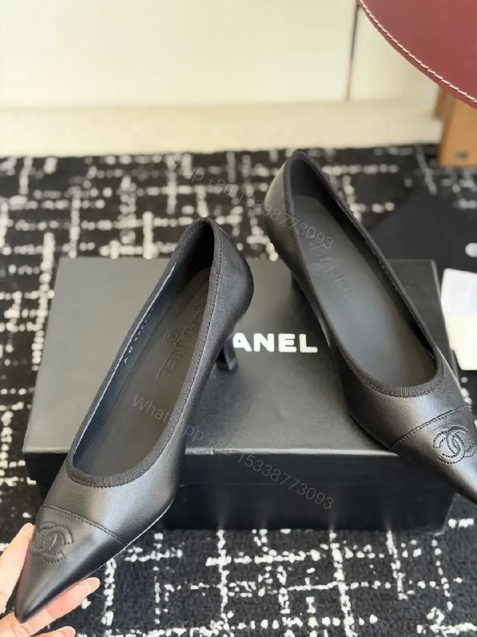 View 2 of Black Leather Pointed-Toe Pumps Chanel Logo Pumps