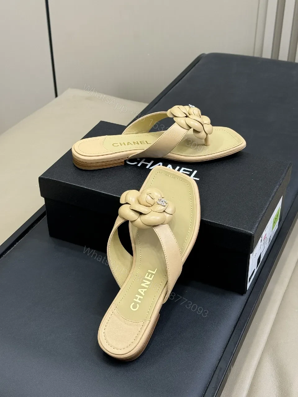 View 5 of Beige Leather Slide + Flower Embellishment + Luxe-Casual + All-Day Comfort + Slide