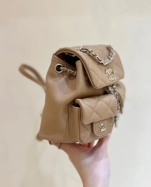 View 3 of Quilted Tan Mini Backpack: Luxe Chain-Detail Satchel
