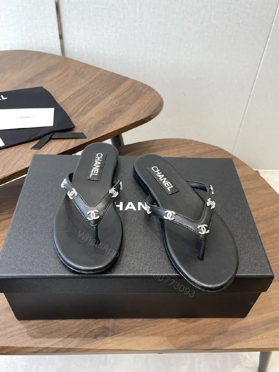 View 7 of Black Leather Flip-Flops Faux Pearl Thong Comfort CHANEL-inspired Sliders