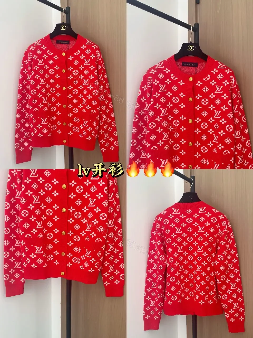 View 4 of Bold Red Cardigan Knit with Gold Button Details