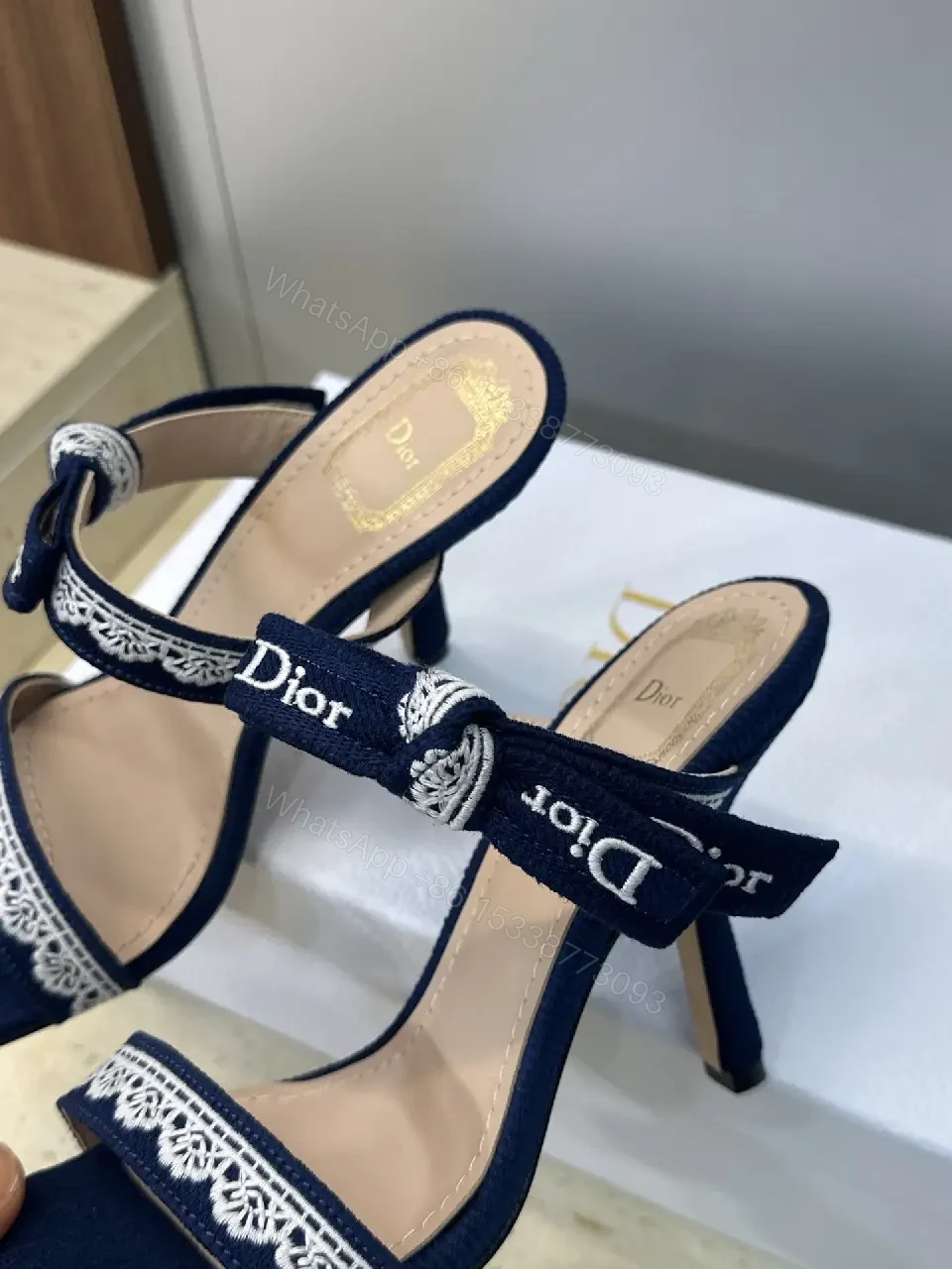 View 2 of Navy Satin Lace-Trim Heeled Sandals - Open-Toe Stiletto