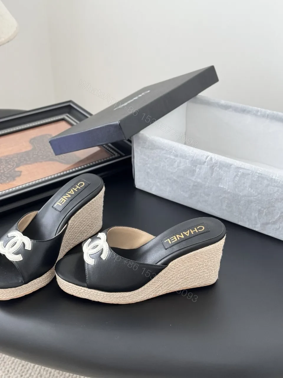 View 8 of Black Leather Espadrille Wedges, Signature Logo, Cushioned Comfort