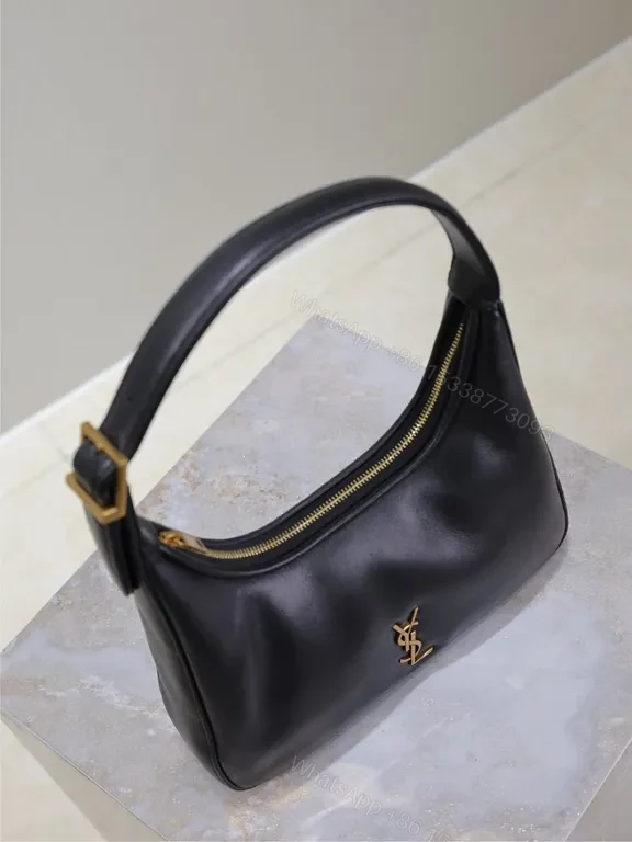 View 5 of Chic Black Leather Hobo with Gold YSL Emblem Bag