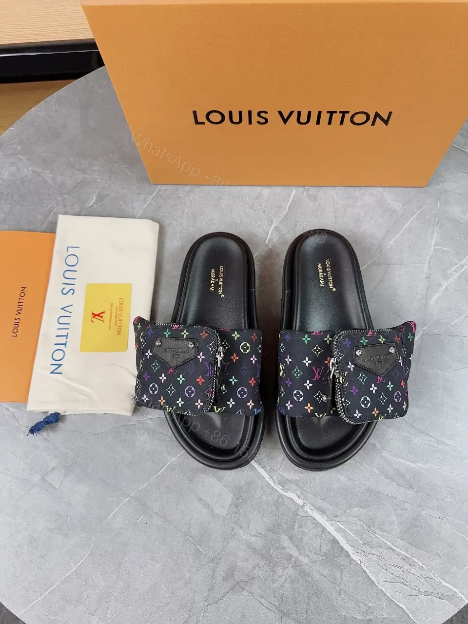 View 6 of Multicolor LV-Inspired Slide Sandals with Cushioned Footbed