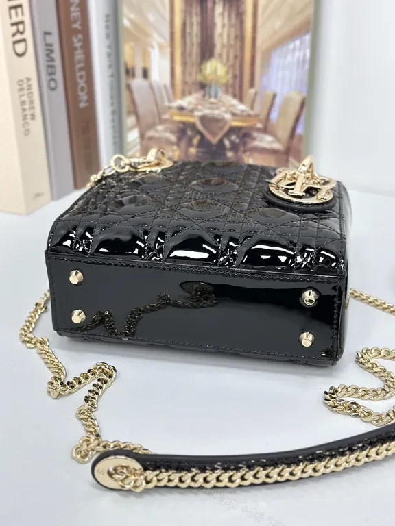 View 4 of Small-Handled Black Patent Bag: Chain Detail & Charms Brand-To-Go