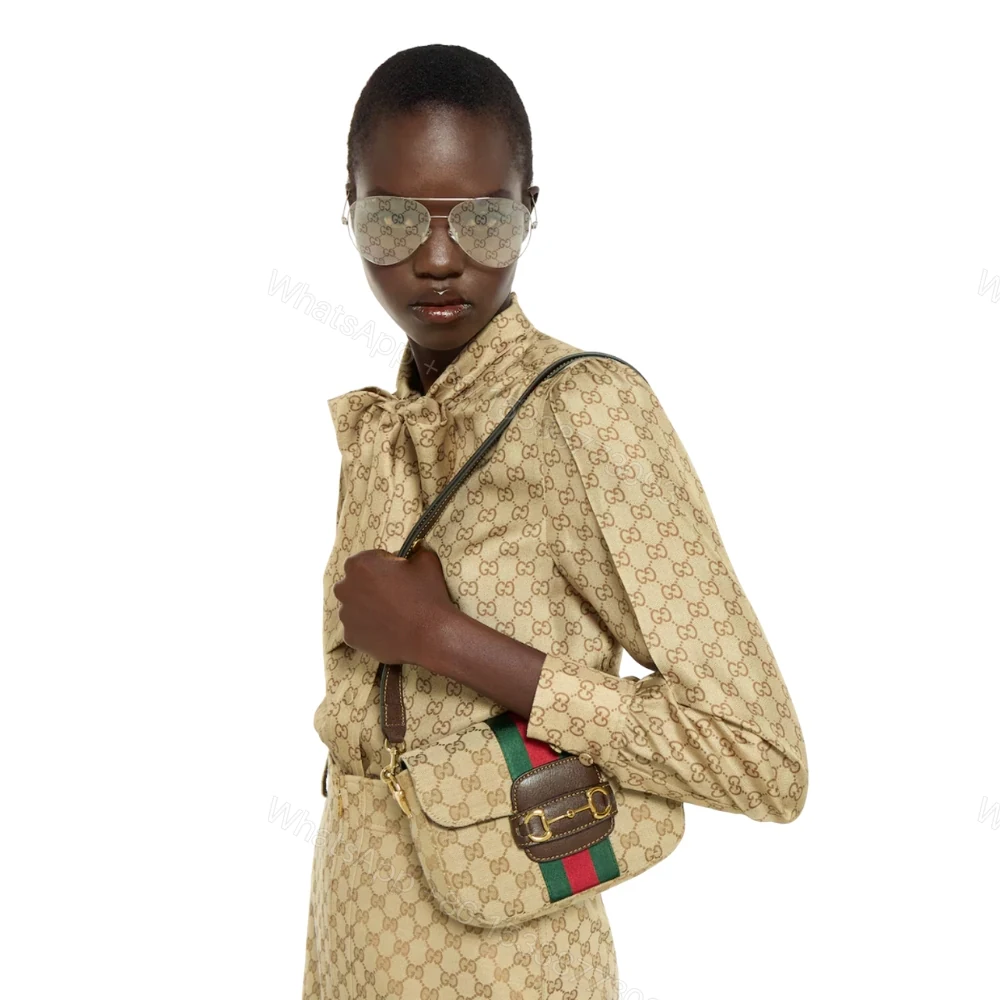 View 9 of Gucci Horsebit 1955 Small Shoulder Bag GG Canvas Sand And Brown 21cm